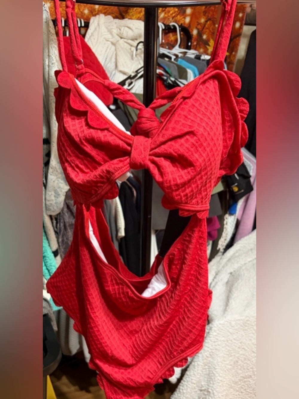 Red One-Piece Swimsuit with Knot Front and Scalloped Trim